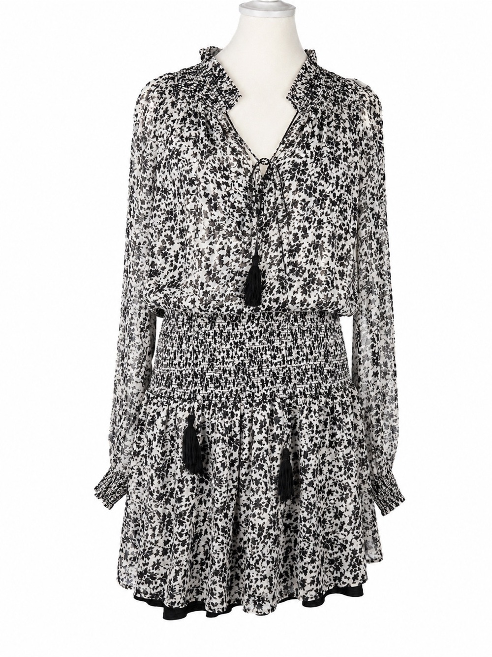 Karina Grimaldi Black White Floral Long-Sleeve Smocked Tassel Boho Mini Dress S